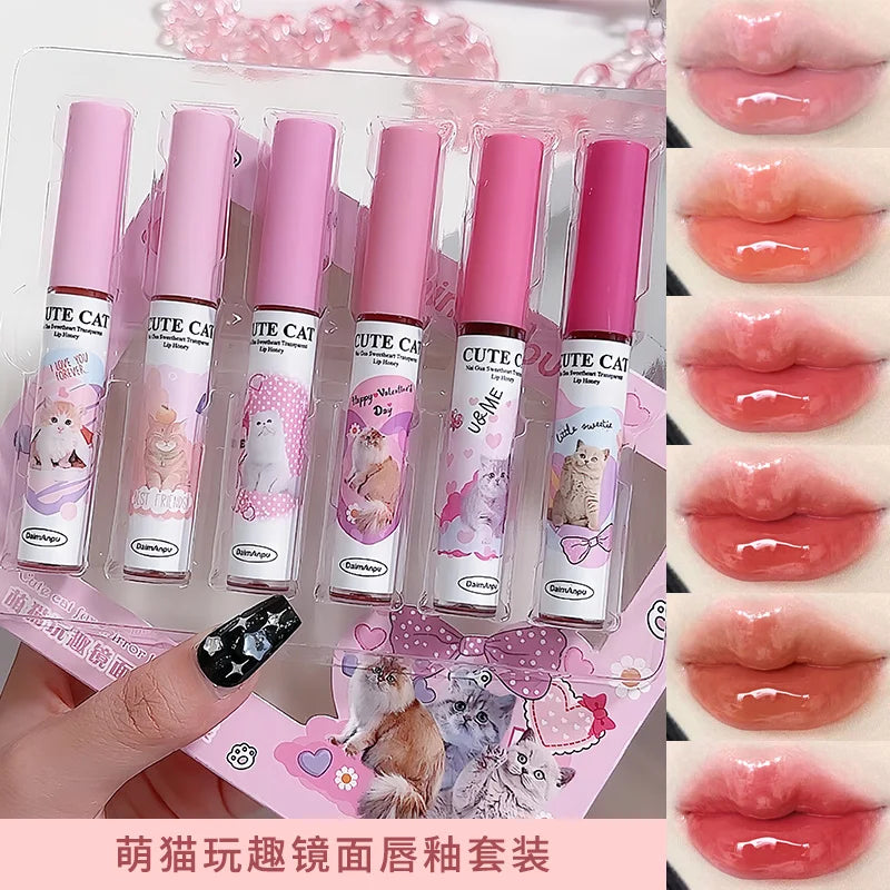 Daimanpu Cute Cat Fun Mirror Lip Gloss Set Shantou Clear Lip Glaze for Summer Makeup