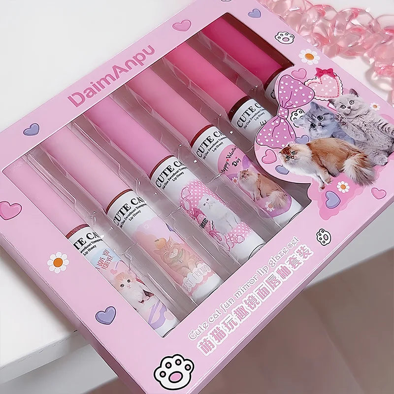 Daimanpu Cute Cat Fun Mirror Lip Gloss Set Shantou Clear Lip Glaze for Summer Makeup
