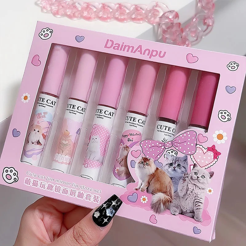 Daimanpu Cute Cat Fun Mirror Lip Gloss Set Shantou Clear Lip Glaze for Summer Makeup