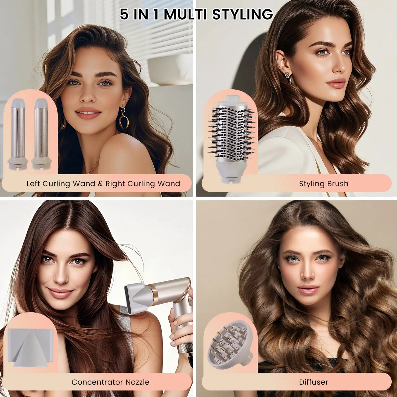 Hatteker Multifunctional Hair Styler Foldable Blow Styling Straightening Curling Hot Air Brush Hair Dryer